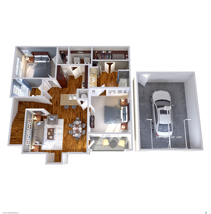 Floor plan for 2 beds, 2 baths, 1001 sqft